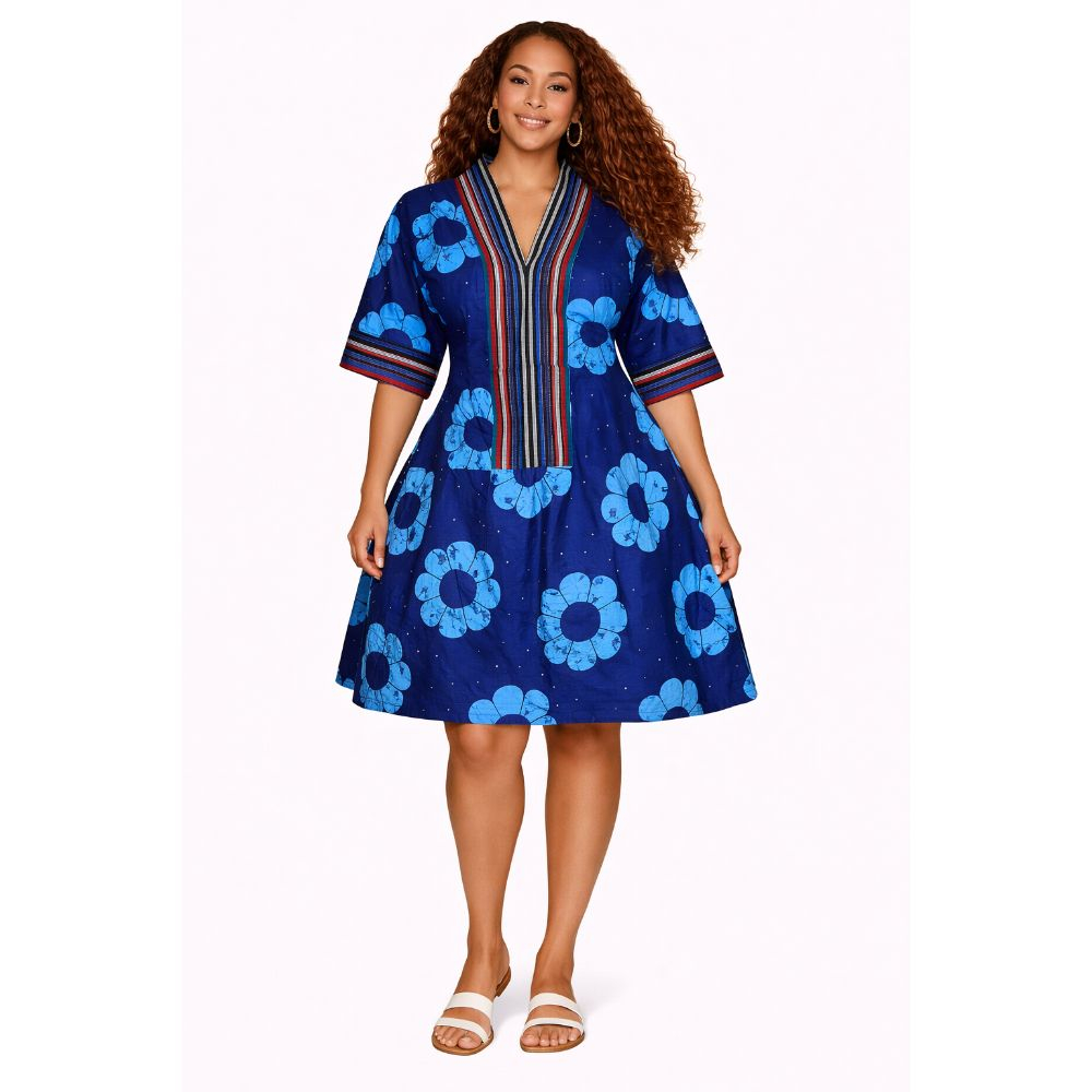 Navy Blue Ankara Flared Mini Dress Floral African Print Statement Dress